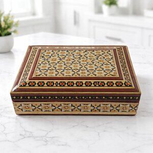 Handcrafted Wooden Jewelry/Trinket Box With Intricate Geometric Inlay Design & V